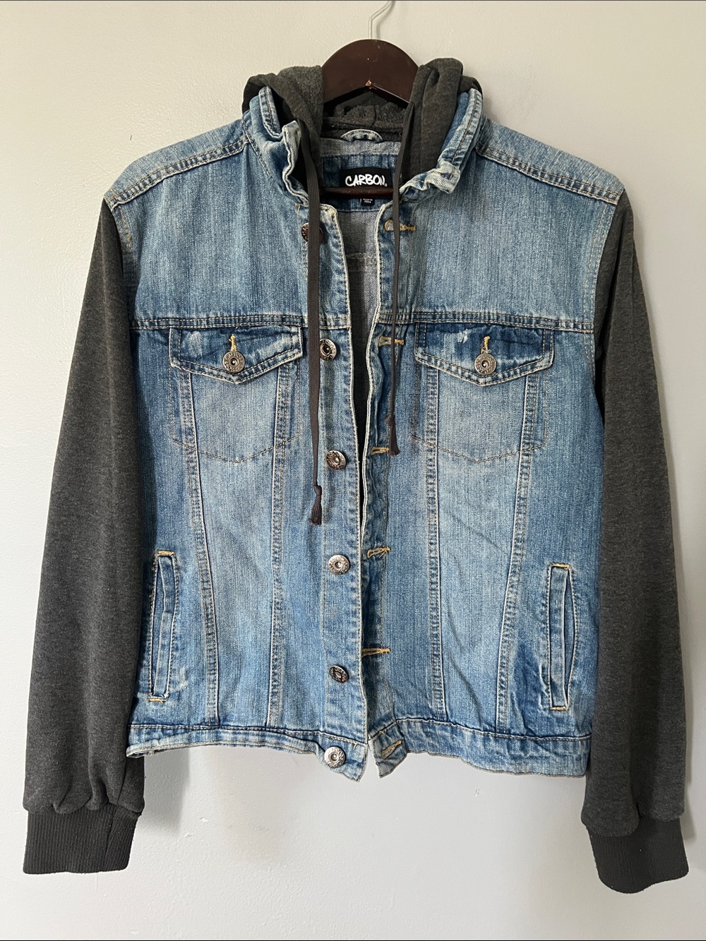 Carbon Light Blue Denim Jacket with Charcoal Knit Sleeves and Hood